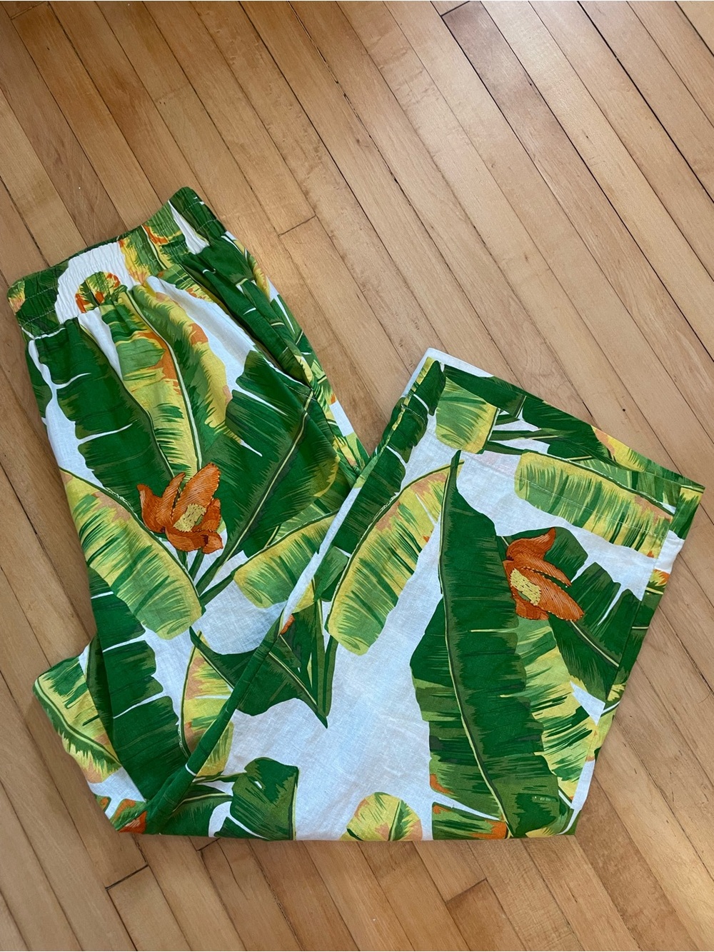 CYNTHIA ROWLEY Linen Banana Leaf Print Pants Wide Leg Pockets Beach Coastal